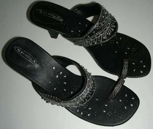 Silver beaded black high heel sandals - size 7