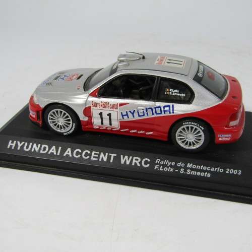 Hyundai Accent WRC die-cast rally model car - rear spoiler missing - scale 1/43