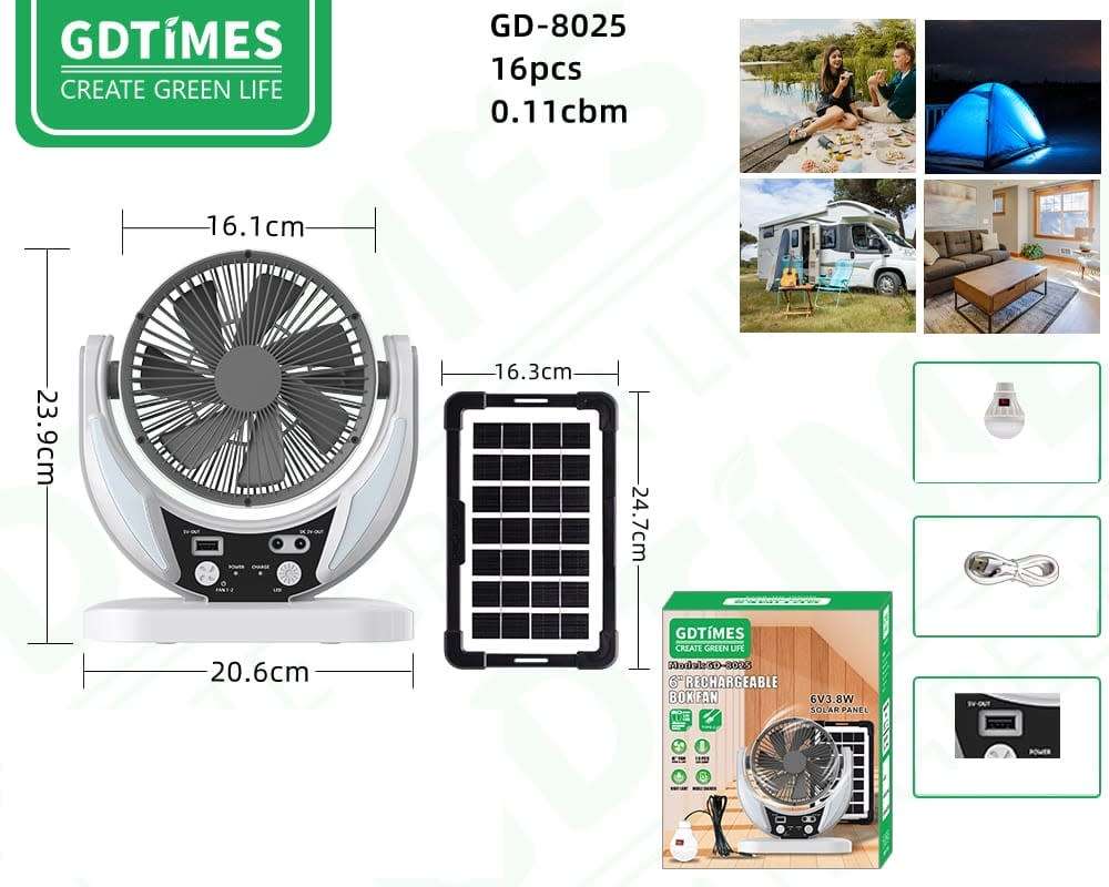6" Rechargeable Solar Fan with 4500mah Battery & Night Light and Power Bank