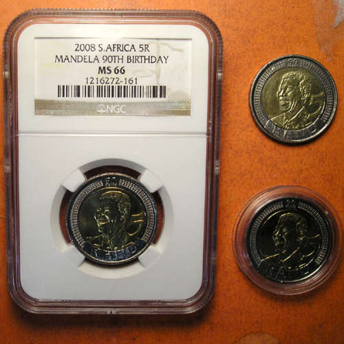 3 x Nelson Mandela 2008 Birthday 5 Rand Coins * HIGH GRADE one NGC MS66 *