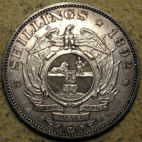 ZAR: 1892 Paul Kruger Silver 5 Shillings - Double Shaft