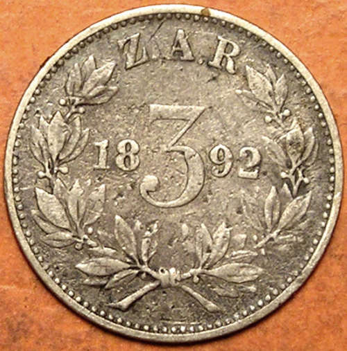 ZAR: 1892 Kruger Silver Tickey or Threepence