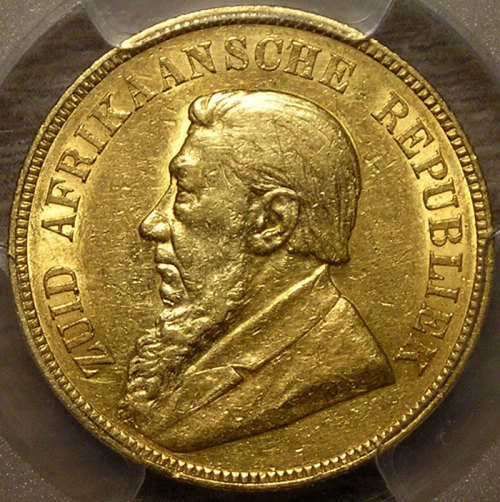 ZAR: 1892 Paul Kruger Gold Pond D/S * PCGS AU-50 *