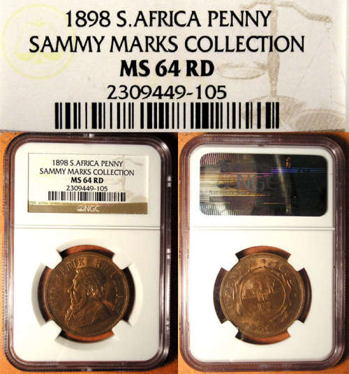 ZAR: 1898 Paul Kruger Penny - SAMMY MARKS COLLECTION * NGC MS-64 RD *