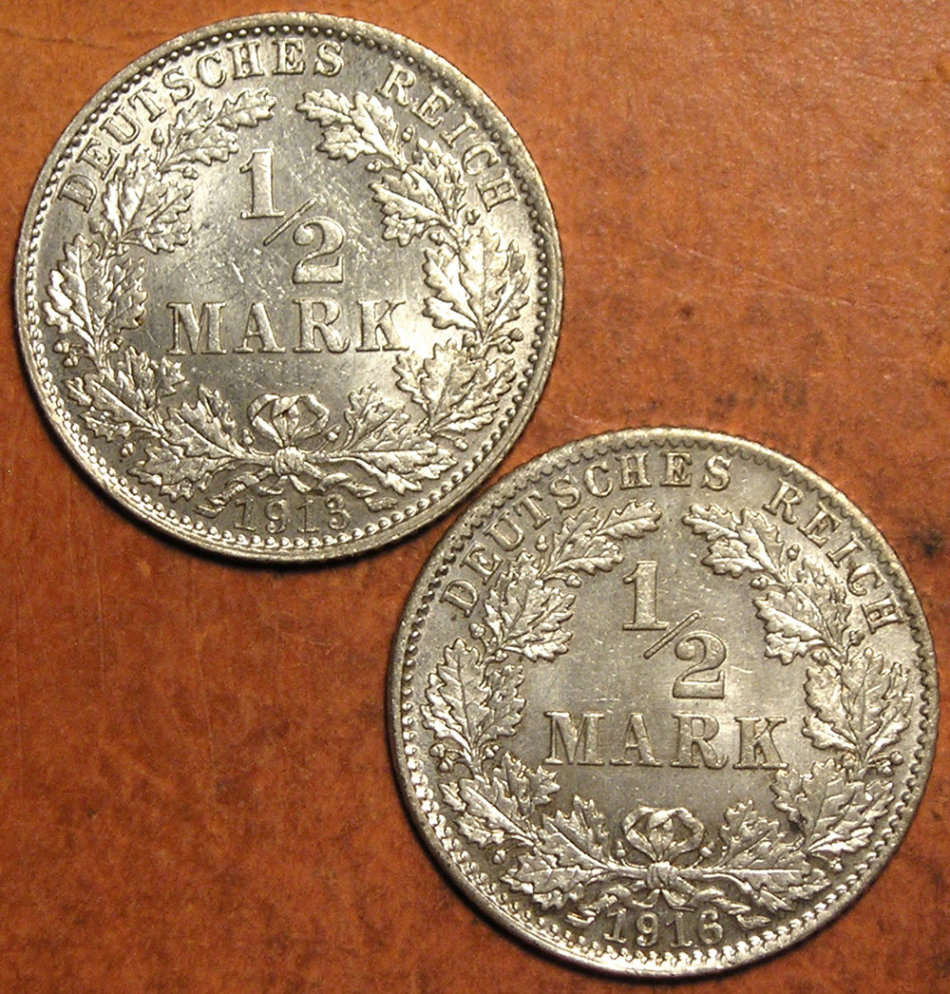 Germany: 1913-D and 1916-D Silver 1/2 Mark Coins * UNC *