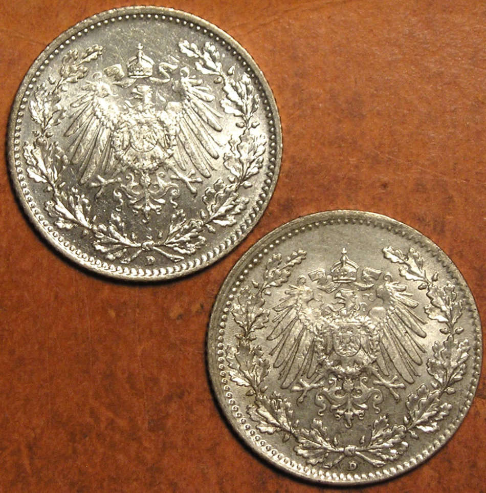 Germany: 1913-D and 1916-D Silver 1/2 Mark Coins * UNC *