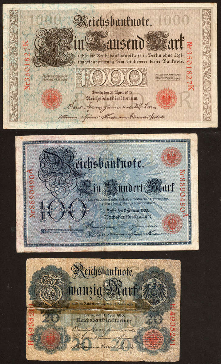 Germany: 1908 - 1910 3 x Reichsbanknotes