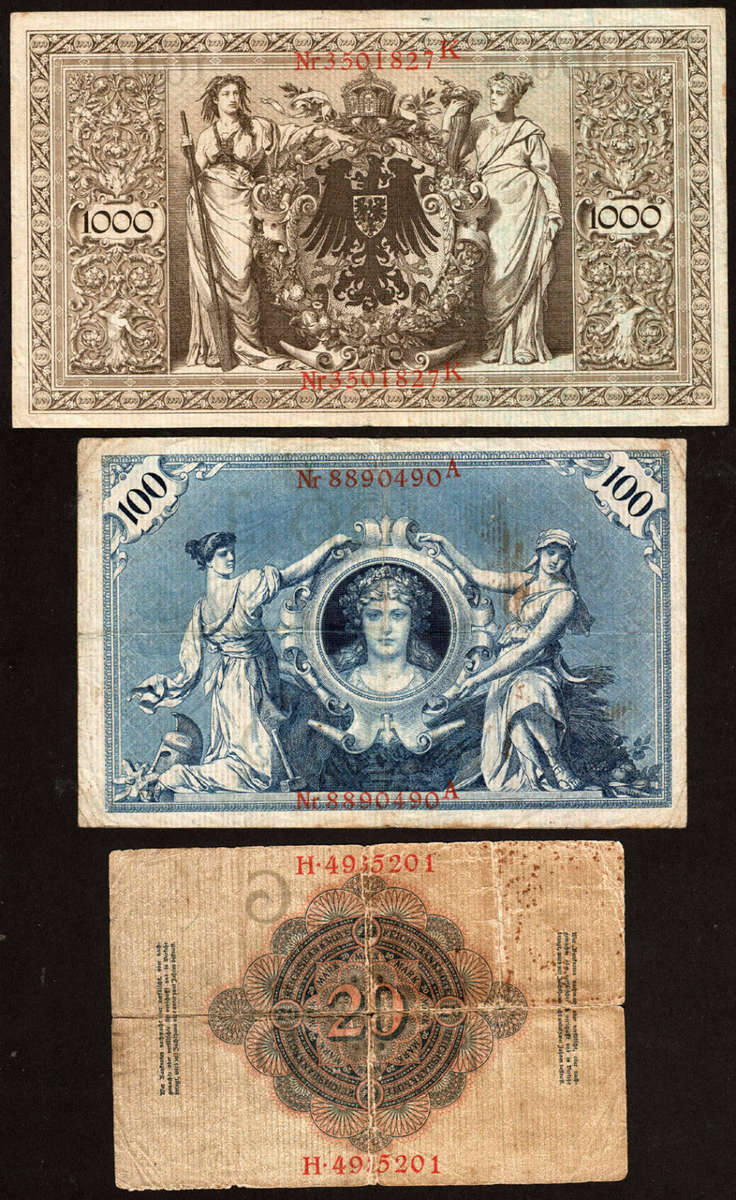 Germany: 1908 - 1910 3 x Reichsbanknotes