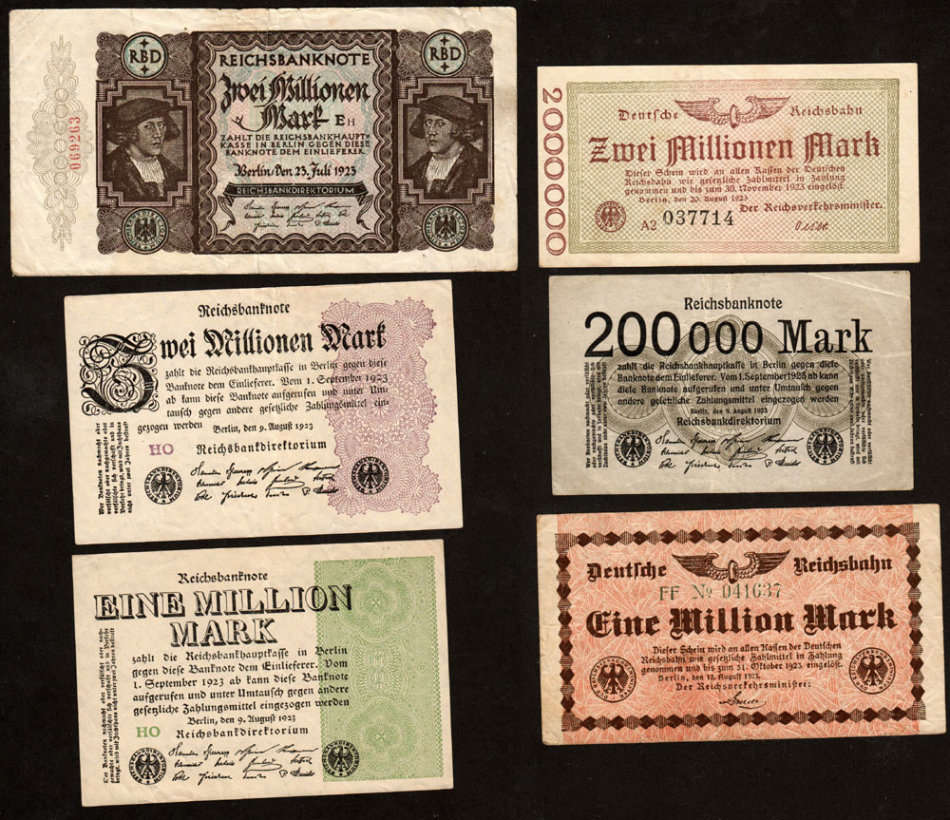 Germany (Wiemar Republic): 1923 6 x Hyperinflation Banknotes