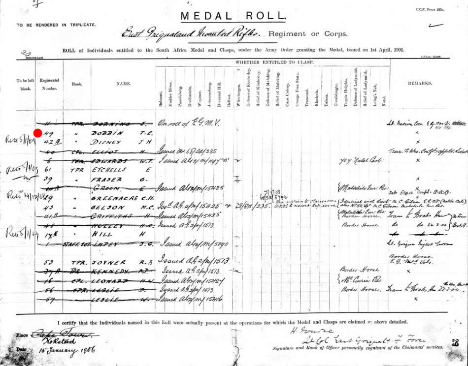 Boer War QSA Medal to Trooper Thomas Edward Dobbin East Griqualand Mounted Rifles