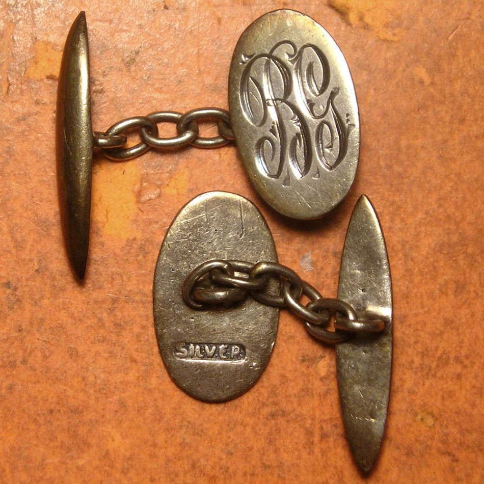 Silver Pencil Holder Doubling as Inches Measuring Rod and Pair of Silver Cuff Links