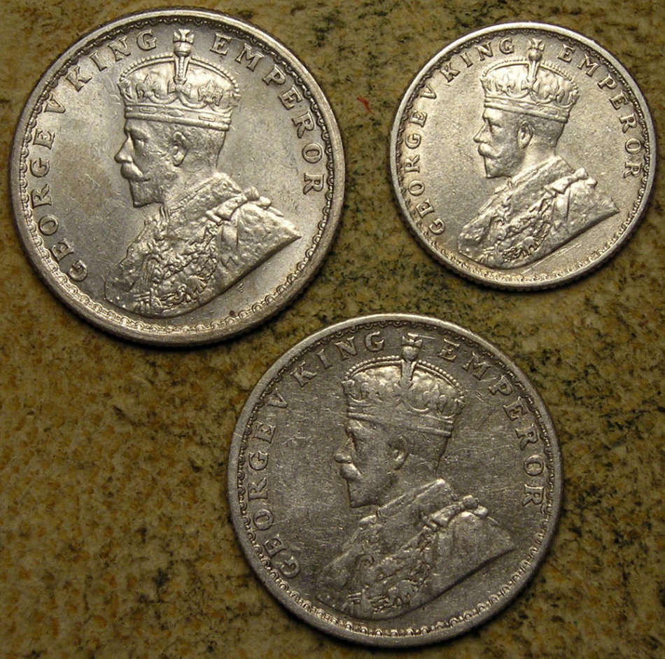 India: 3 Silver Coins of King George V: 1912 & 1916 1/2 Rupee; 1918 1/4 Rupee