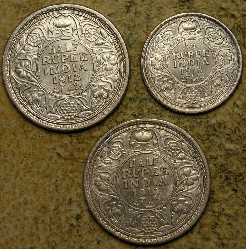 India: 3 Silver Coins of King George V: 1912 & 1916 1/2 Rupee; 1918 1/4 Rupee