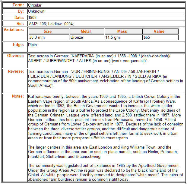 Kaffraria: 1908 50th Anniversary of the Arrival of German Settlers in South Africa Medal
