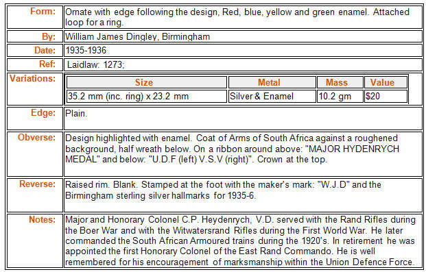 1935-36 Union Defense Force Major Heydenrych Silver Shooting Medal