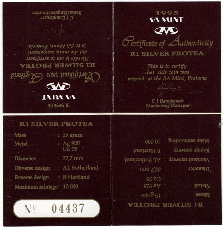 1995 Silver Proof Protea Rand Railway in Case with Certificate