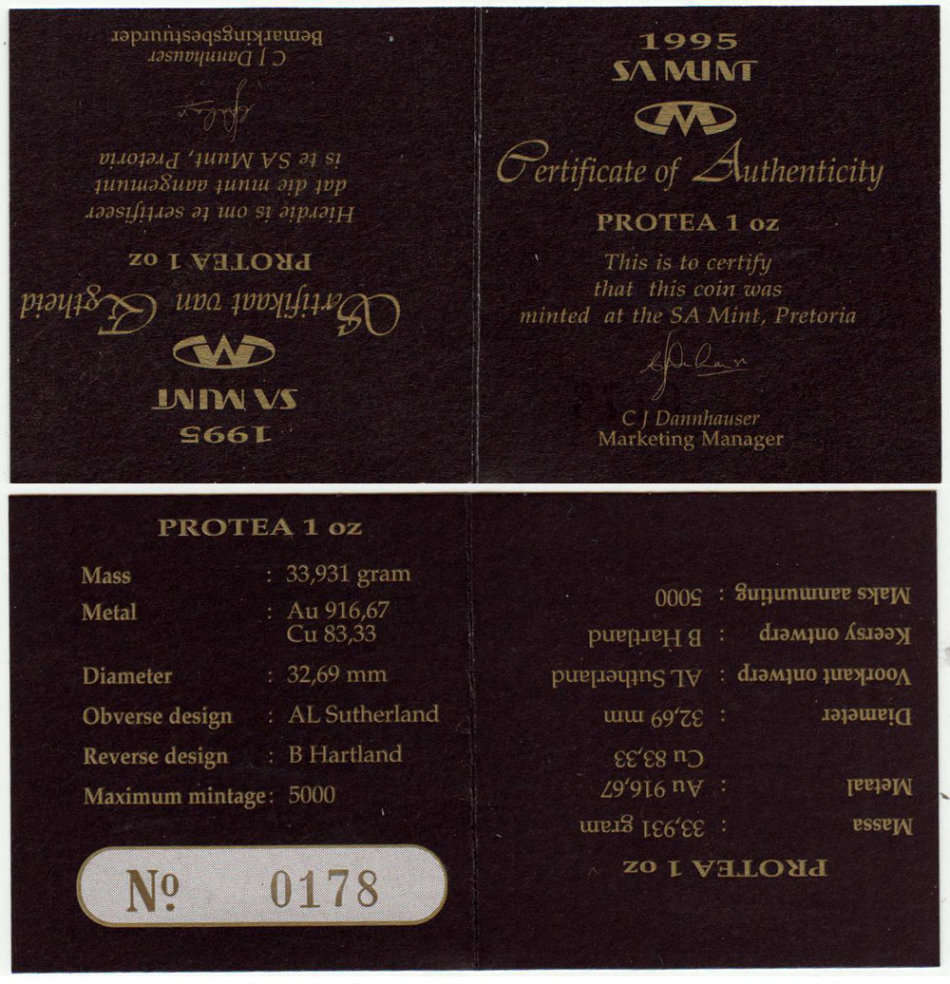 1995 1 oz Gold Proof Protea Railway in Case with Certificate