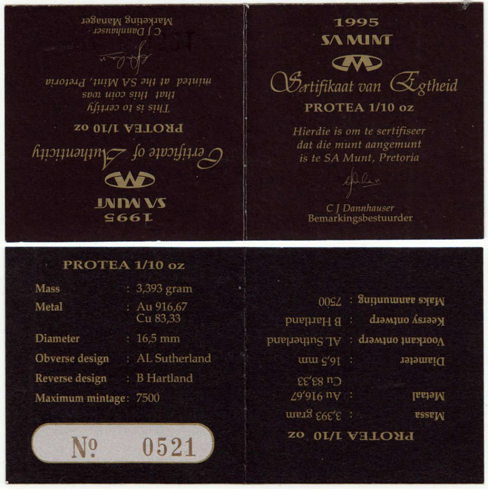 1995 1/10 oz Gold Proof Protea Railway in Case with Certificate