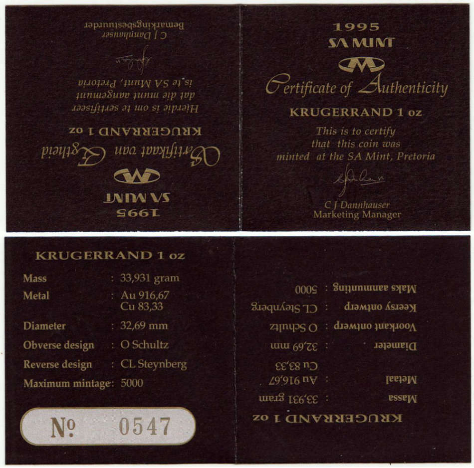 1995 Full 1 oz Gold Proof Krugerrand in Case with Certificate