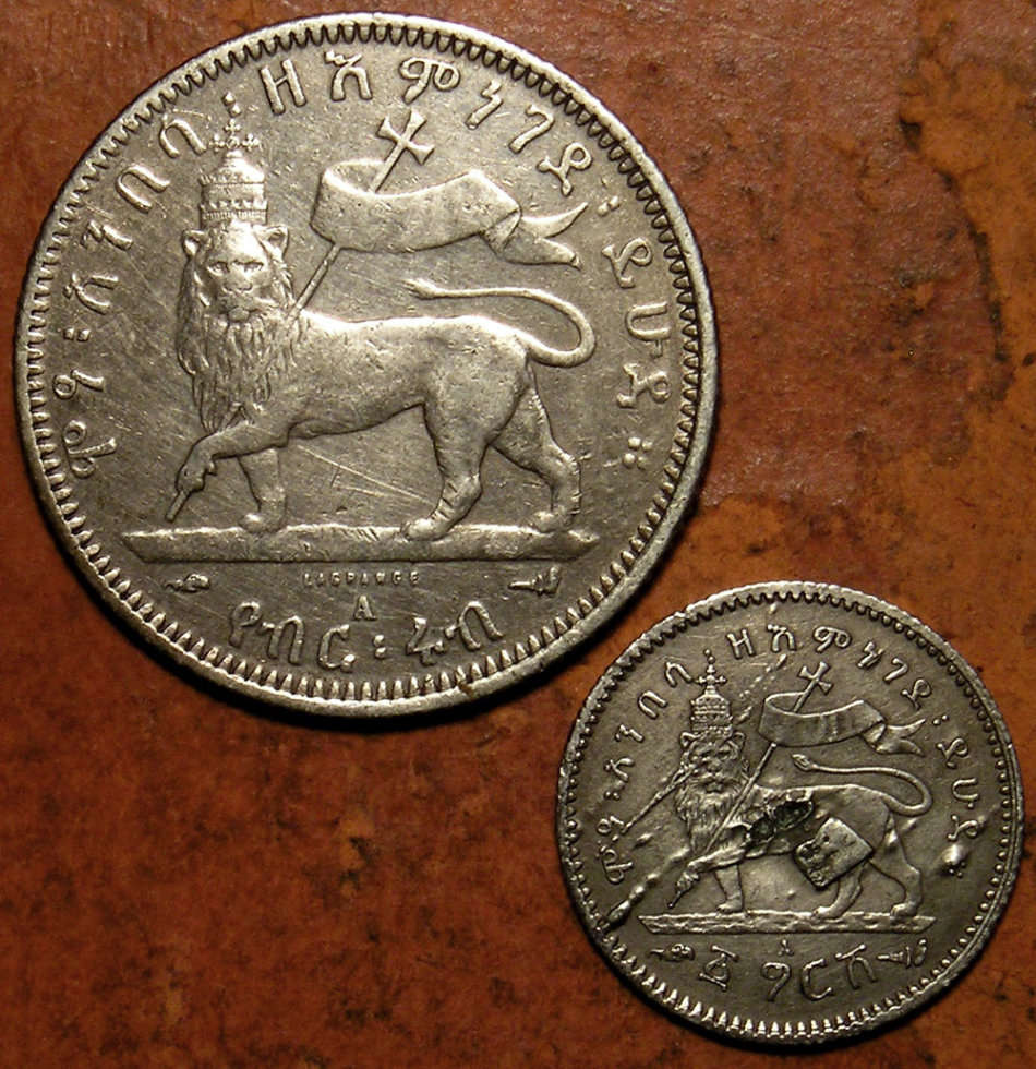 Ethiopia: Menelik II EE1889-A (1877) Silver 1/4 Birr + EE1891-A (1899) Silver Girsh