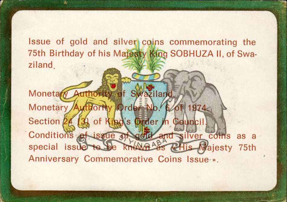 Swaziland: 1975 King Sobhuza II 75th Birthday Cased Proof Gold Twin Set * 0.37 Troy Oz *