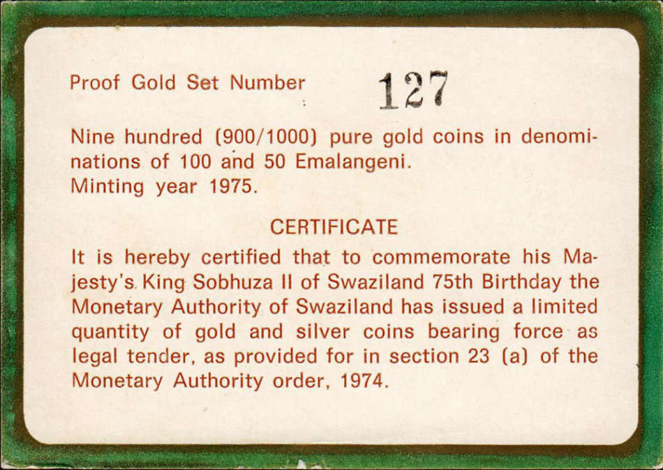 Swaziland: 1975 King Sobhuza II 75th Birthday Cased Proof Gold Twin Set * 0.37 Troy Oz *