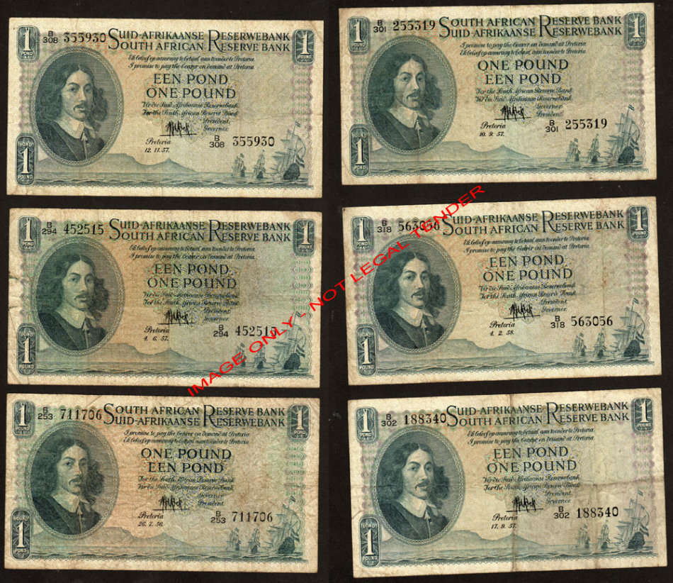 SA Union: 1956-1958 Six (x6) One Pound Banknotes MH de Kock