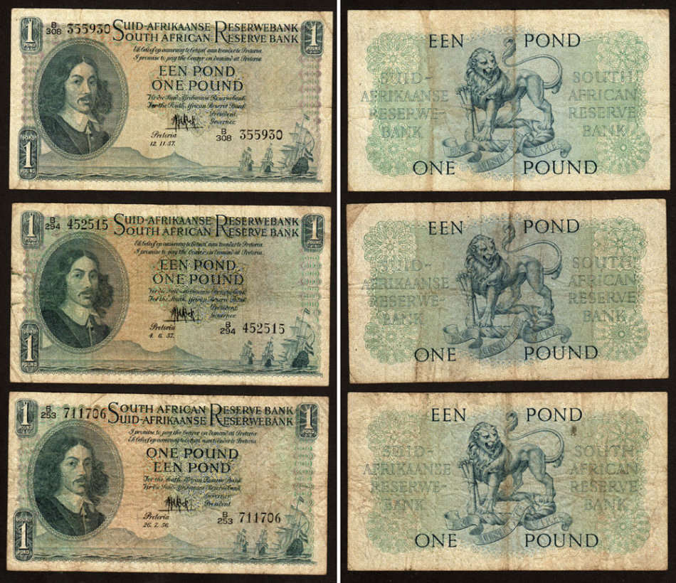 SA Union: 1956-1958 Six (x6) One Pound Banknotes MH de Kock