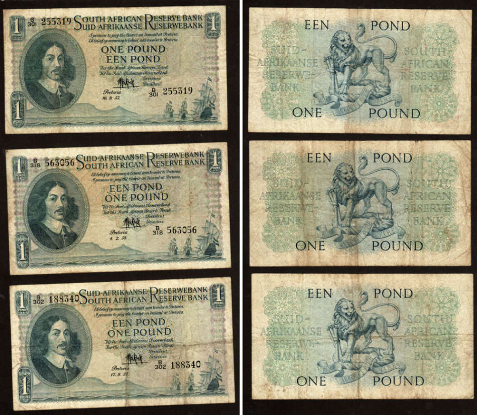 SA Union: 1956-1958 Six (x6) One Pound Banknotes MH de Kock