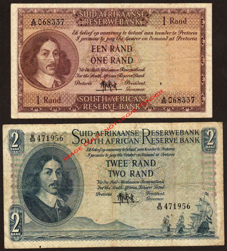 RSA: One Rand and Two Rand Banknotes MH de Kock