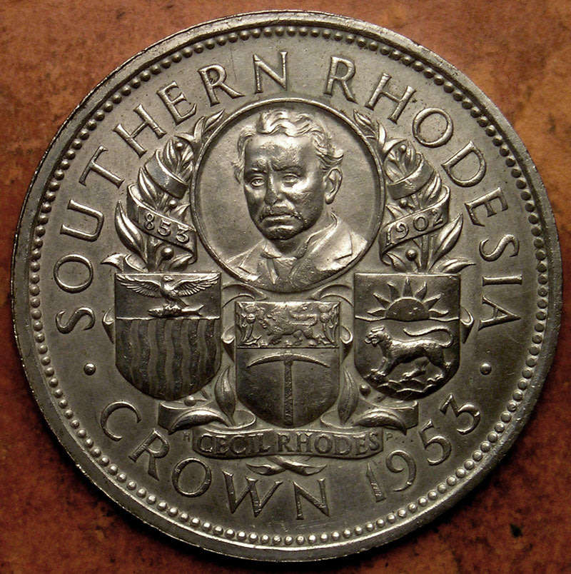 Southern Rhodesia: 1953 Queen Elizabeth II Rhodes Centenary Silver Crown * Upright Edge Letters *