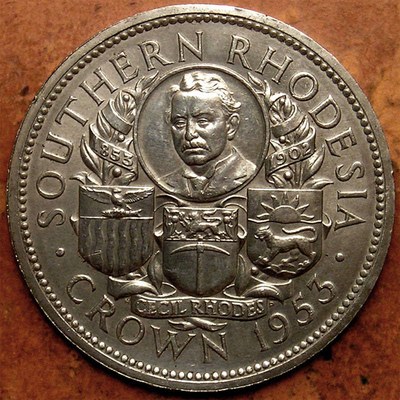 Southern Rhodesia: 1953 Queen Elizabeth II Rhodes Centenary Silver Crown * Inverted Edge Letters *