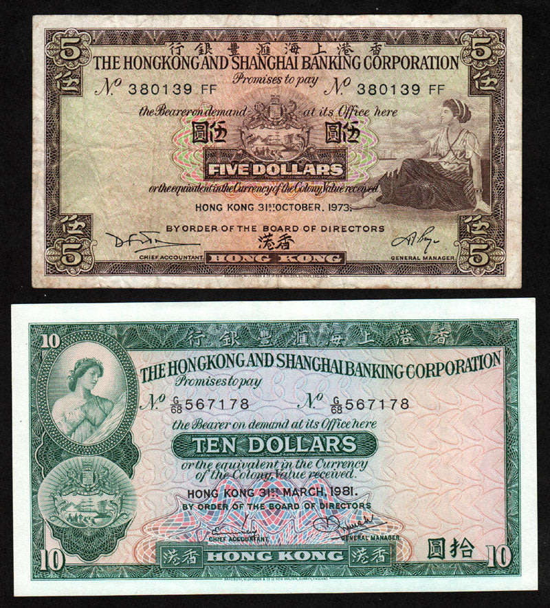 Hong Kong and Shanghai Bank 1973 $5 and 1981 $10