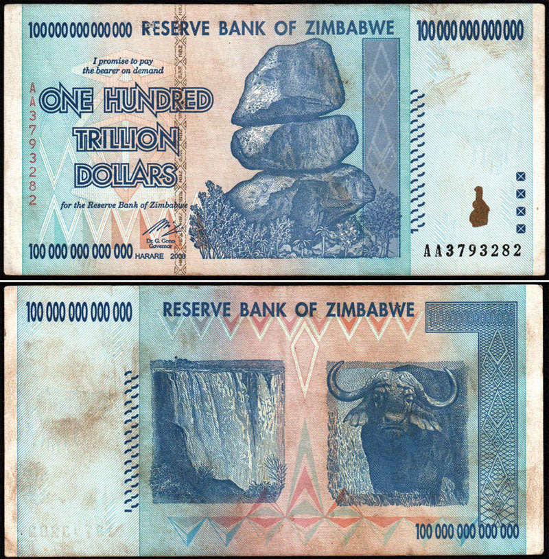Zimbabwe: 2008 100 Trillion Dollars Hyperinflation Banknote