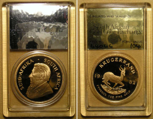 1982 Proof 1oz Gold Krugerrand Graded by The South African Gold Coin Exchange with Point Value 104