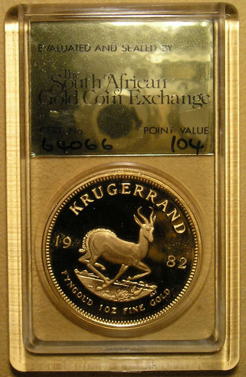 1982 Proof 1oz Gold Krugerrand Graded by The South African Gold Coin Exchange with Point Value 104