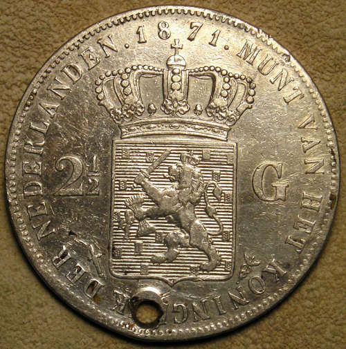 Netherlands: 1871 Willem III Silver 2 1/2 Crown-Sized Silver Gulden
