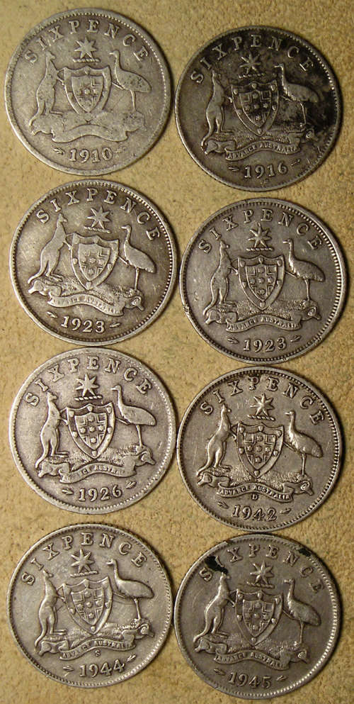 Australia: 1910-1945 Eight (x8) 92.5% Silver Sixpences