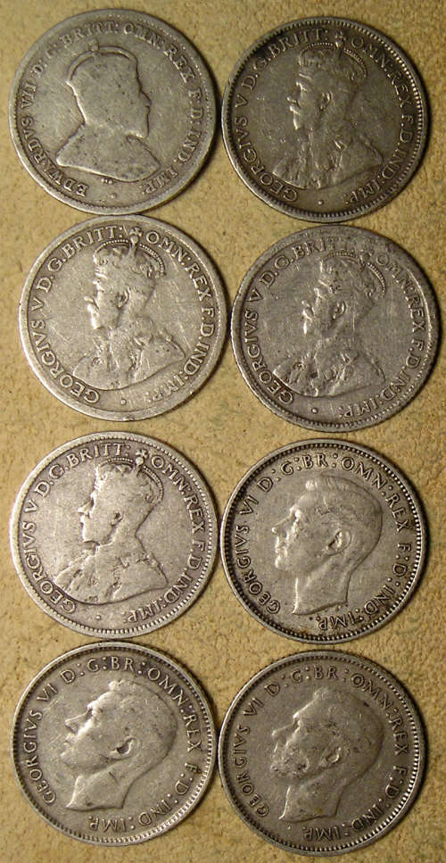 Australia: 1910-1945 Eight (x8) 92.5% Silver Sixpences