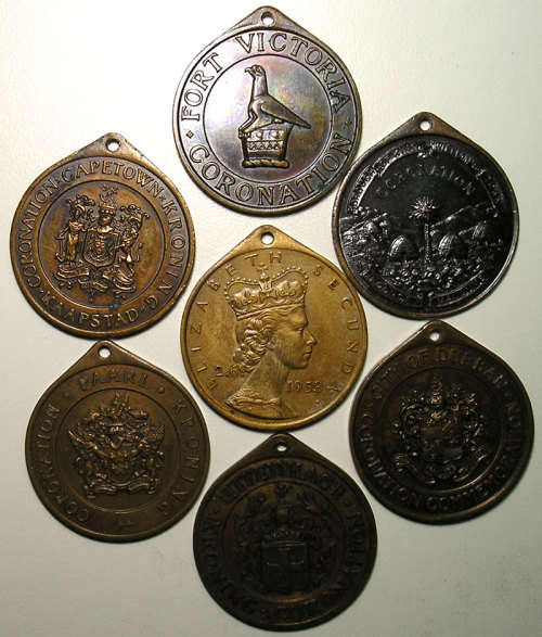 7 x QEII Coronation Medals: Cape Town, Paarl, Durban, Uitenhage, King Willians Town, Fort Victoria