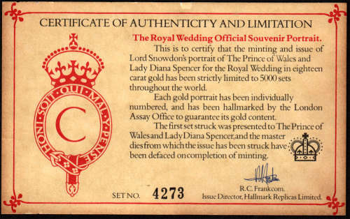 Prince Charles and Lady Diana Marriage 1981 Gold Stamp Replica in Case  *  18ct 27.5 gm *