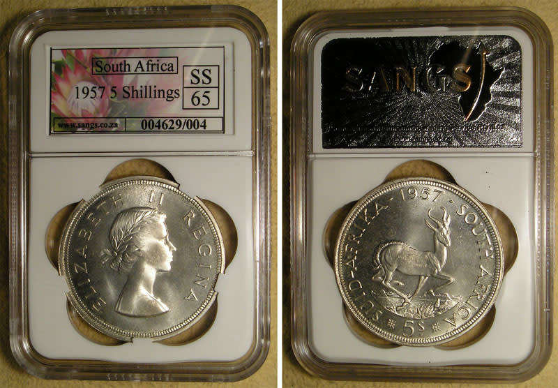 1957 Queen Elizabeth II Silver 5 Shillings * SANGS SS 65 *