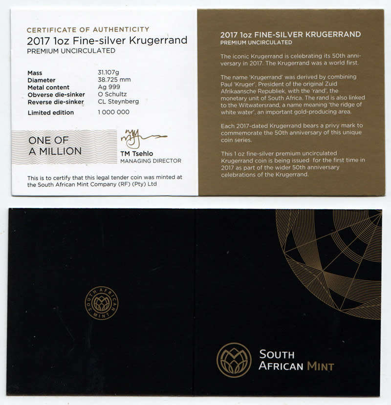 2017 1oz Fine Silver Krugerrand, Premium Uncirculated * 25 Available *