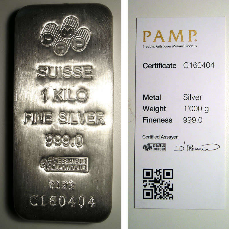 One Kilogram Fine (.999) Silver PAMP Swisse Bar, 32.15 Troy Ounces