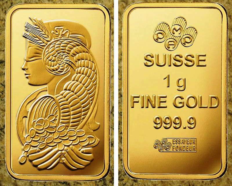 One gram  Fine (.9999) Gold PAMP Swisse Bar in Blister Card with Certificate