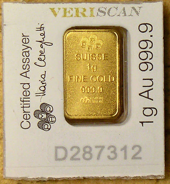 One gram  Fine (.9999) Gold PAMP Swisse Bar in Blister Card with Certificate