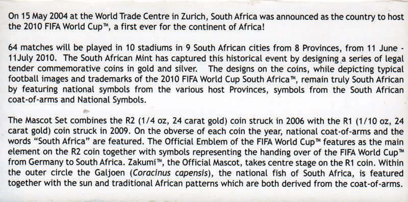 South Africa FIFA World Cup 2010 Mascot Proof Gold Set 1/4 & 1/10 Troy Ounces