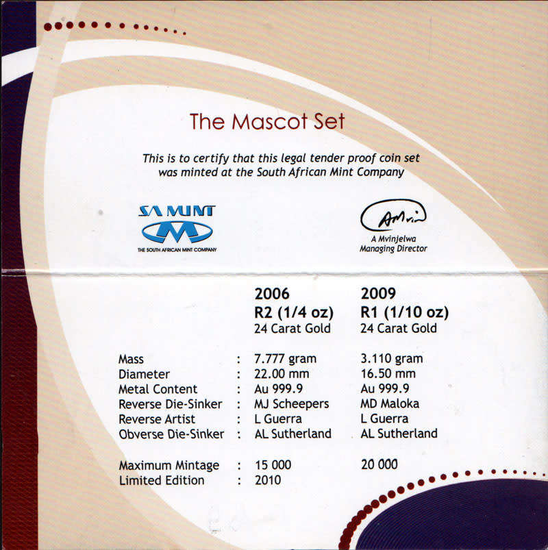 South Africa FIFA World Cup 2010 Mascot Proof Gold Set 1/4 & 1/10 Troy Ounces