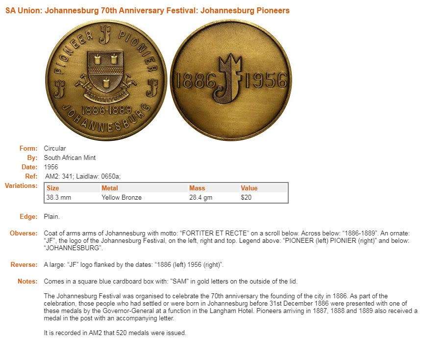 Johannesburg 70th Anniversary 1956  Festival: Pioneers Medal