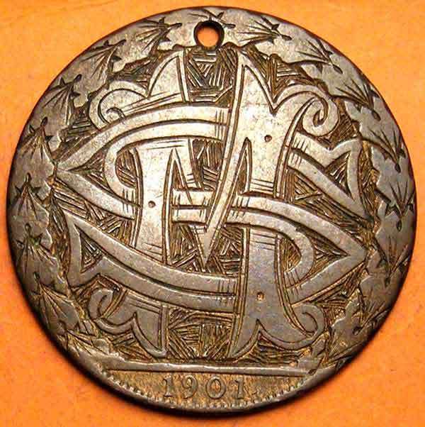 Boer War Hand Engraved (Glencoe) Mine Store "MS" Monogram on a British 1901 Penny * UNIQUE *